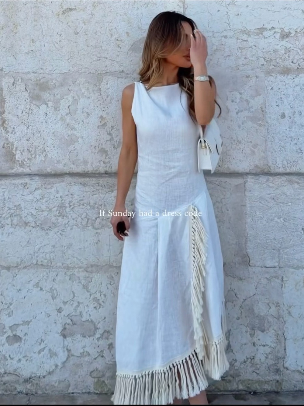 Zara NWT 100% linen white & cream Fringe hem Midi tunic Dress - Picture 6 of 16